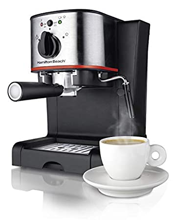 Hamilton Beach Espressomachine, Latte en Cappuccino Maker met Melkopschuimer, 15 Bar Italiaanse Pomp, Single Cup, Zwart & Roestvrij (40792)