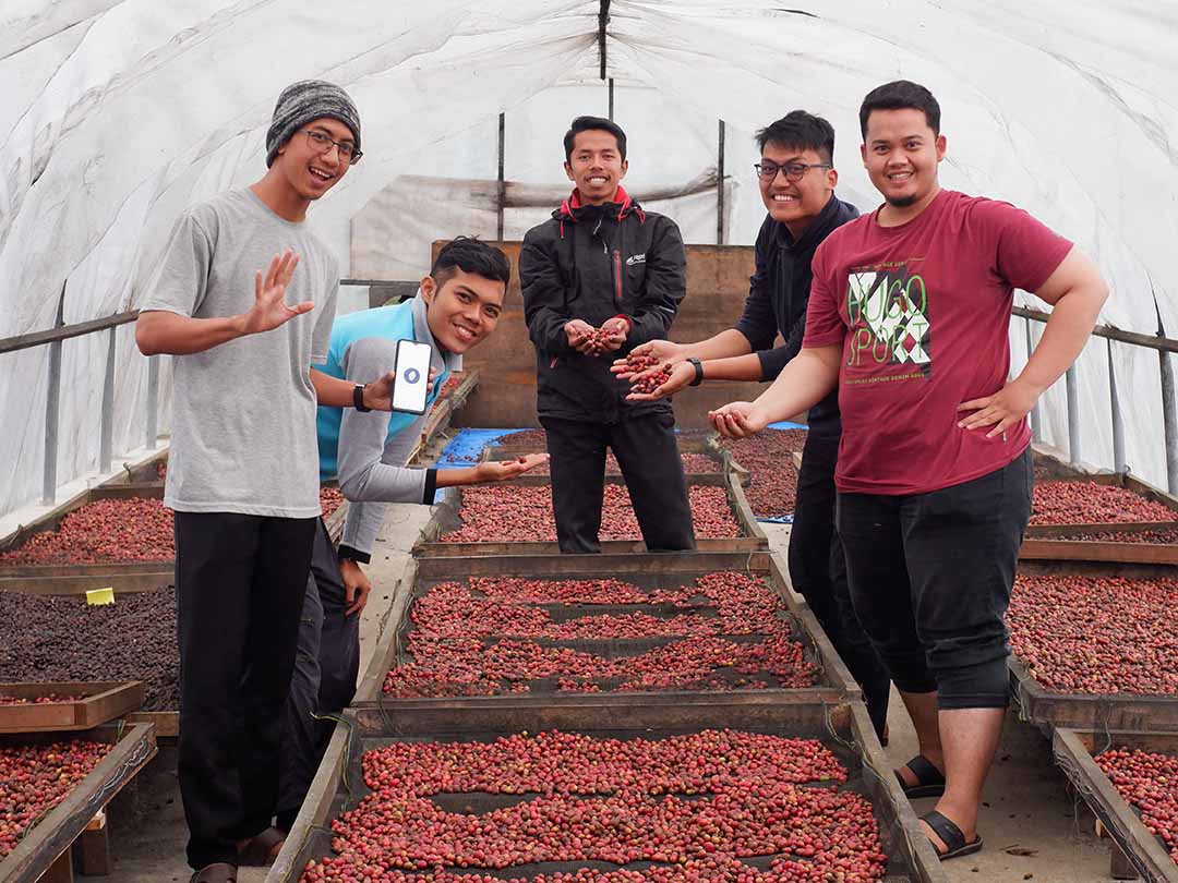 Vijf koffieboeren in West Sumatra, Indonesië