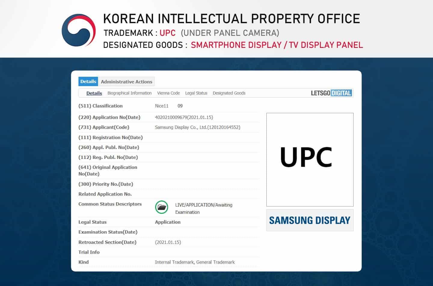 Samsung UPC handelsmerk aanvraag Korea | Bron: LetsGoDigital
