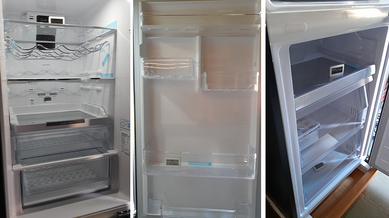 Drie afbeeldingen van het interieur van de Hitachi koelkast en vriezer