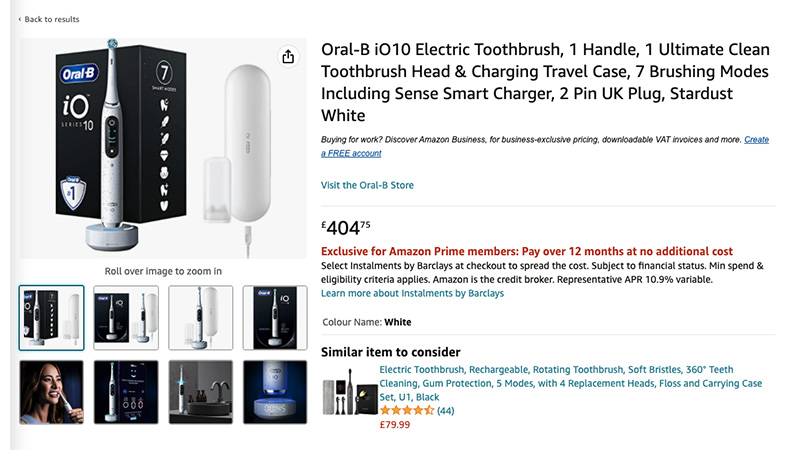 Productpagina voor Oral-B iO10 op Amazon UK 