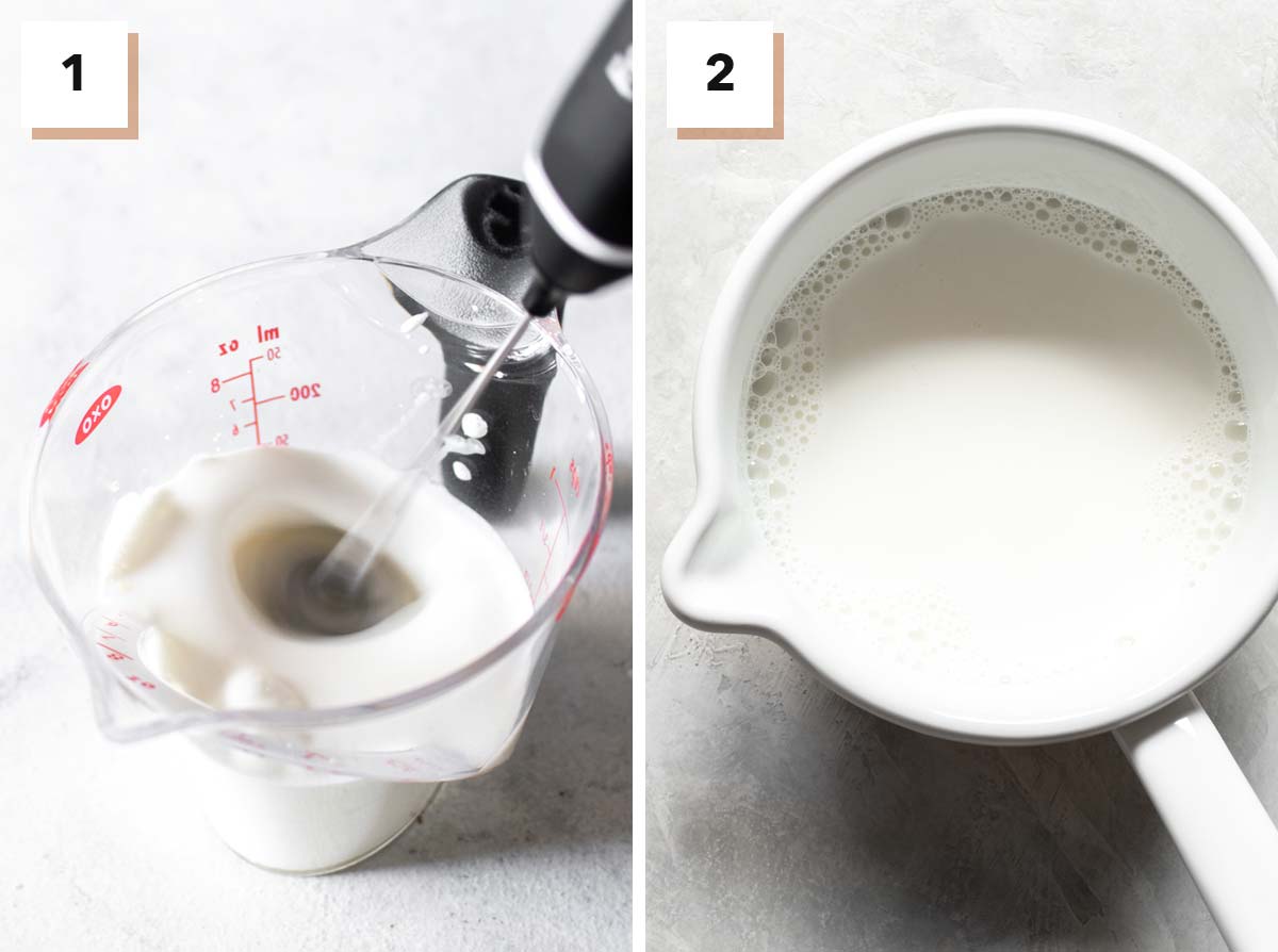 Twee foto's naast elkaar met de eerste waarop het kloppen van zware room te zien is en de tweede met melk in een pan.