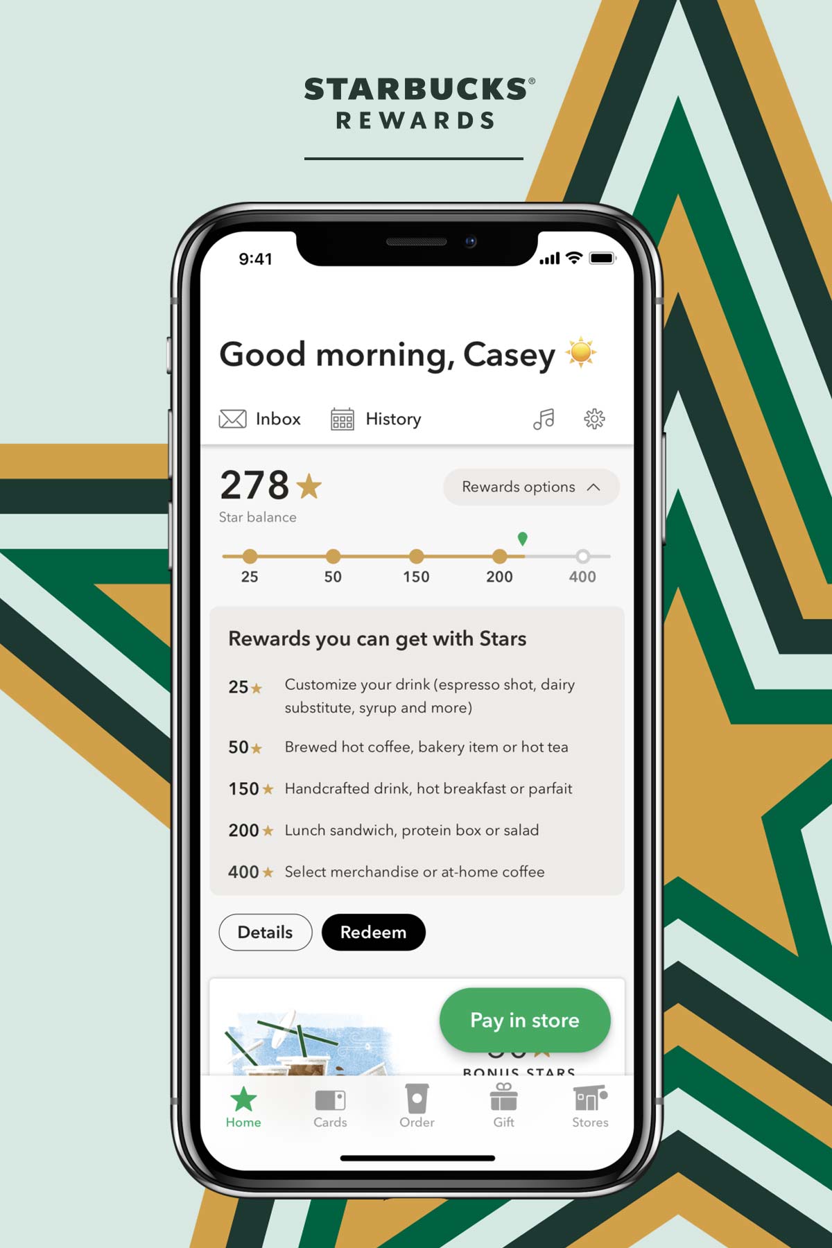 Starbucks beloont grafisch met een gigantische ster en iPhone.