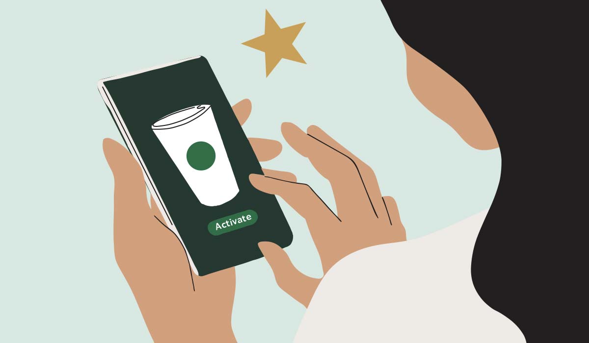 Illustratie van een vrouw die een Starbucks-app activeert.