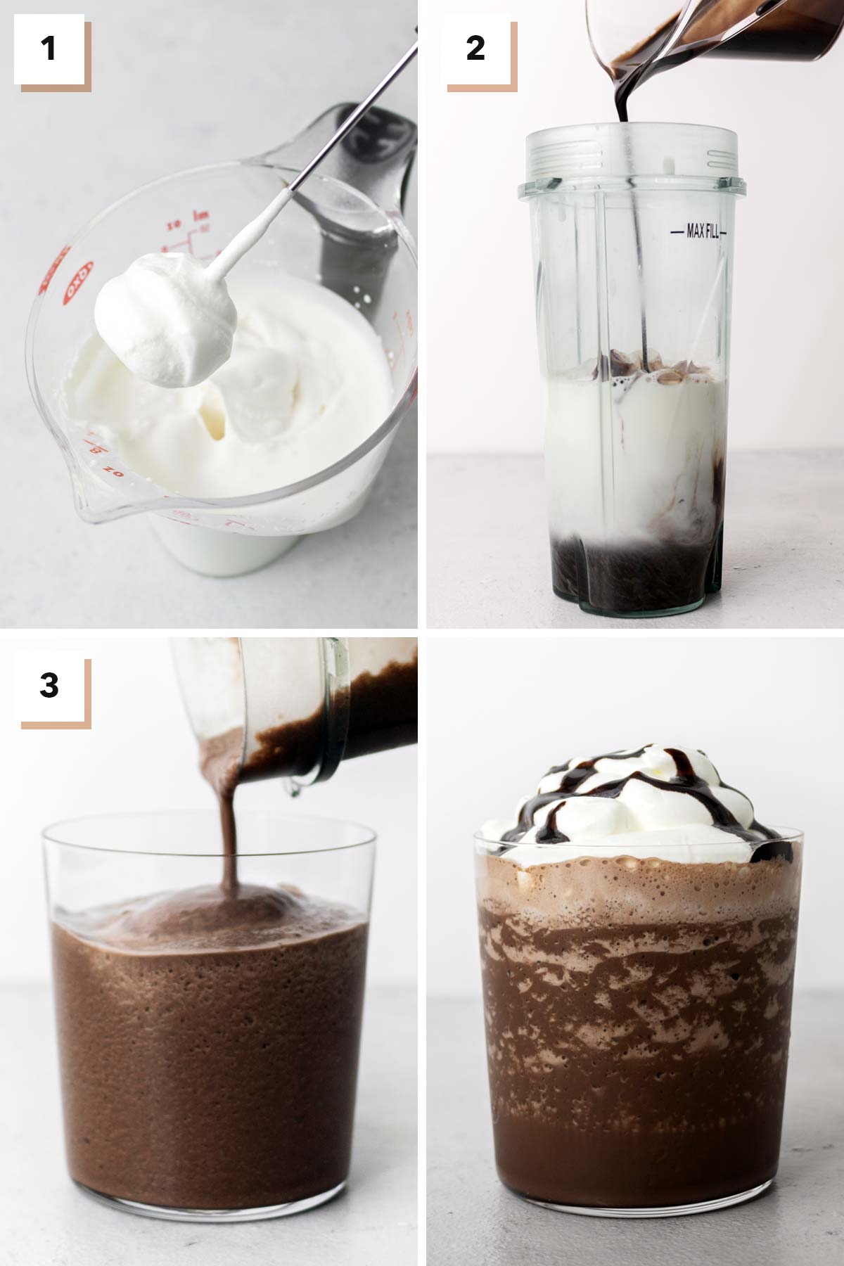 Vier fotocollage met stappen om bevroren warme chocolademelk te maken.