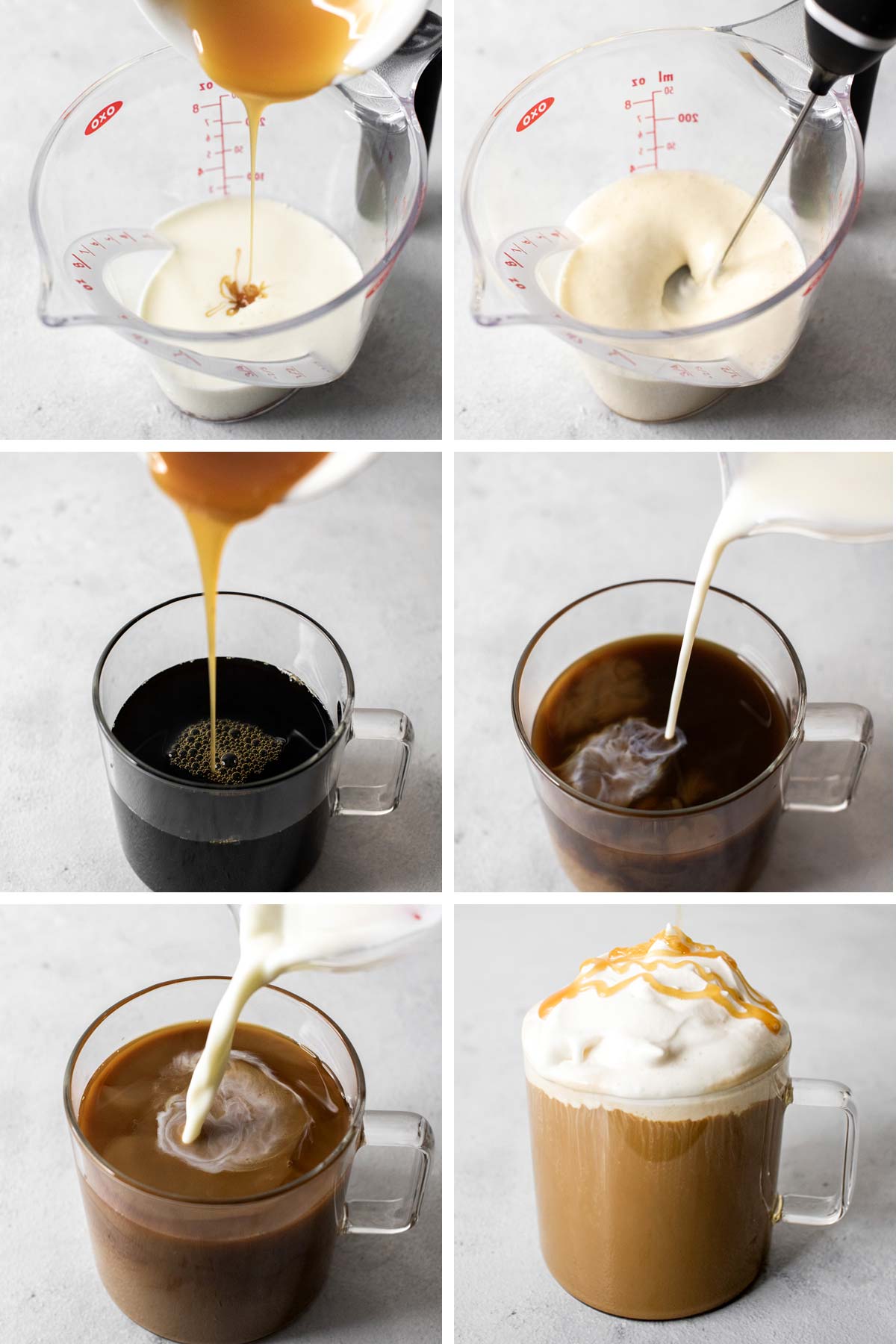 Zes foto's die het stapsgewijze proces tonen om gezouten karamel latte te maken.