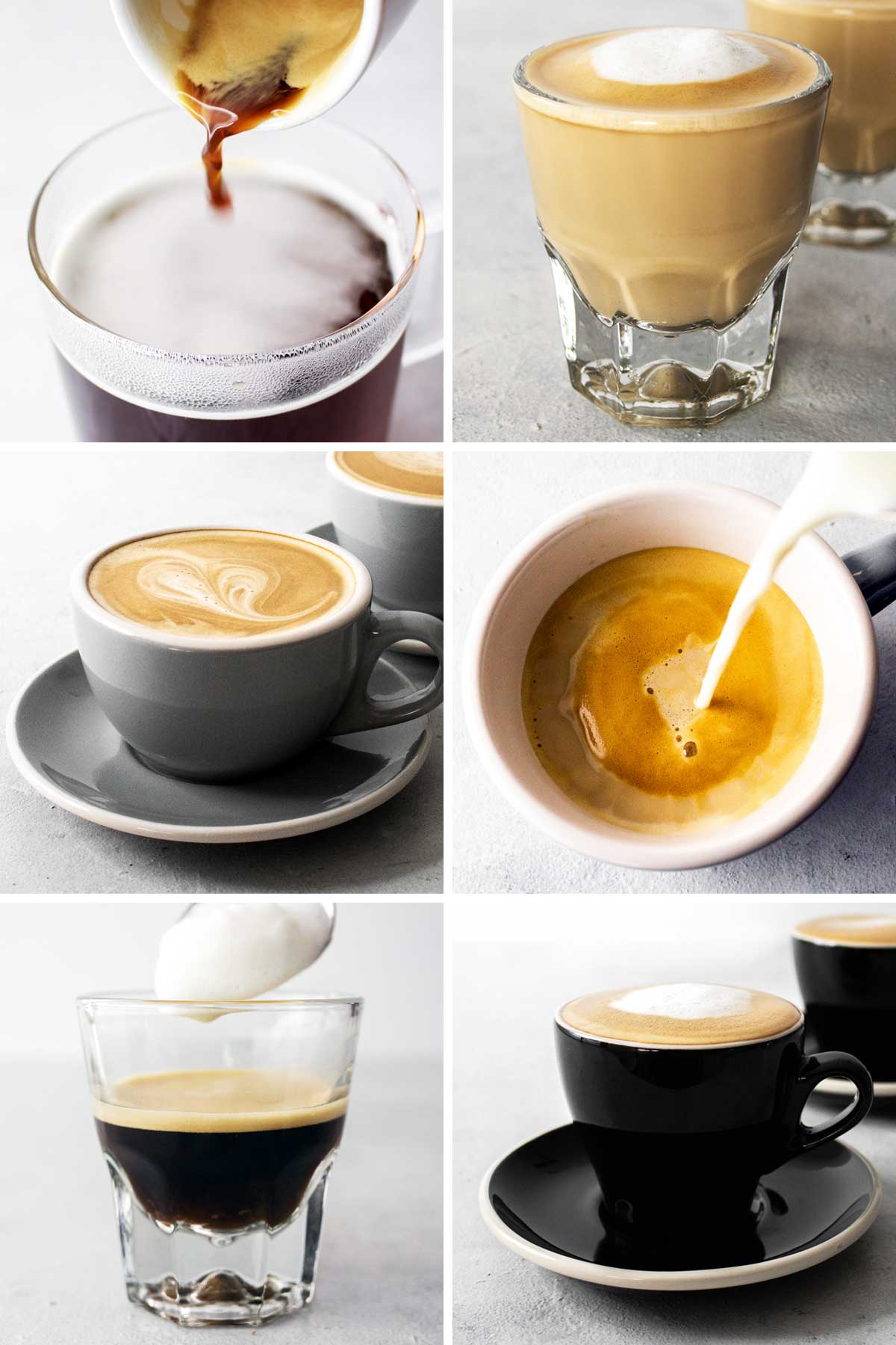 6 foto's van verschillende koffiedranken.