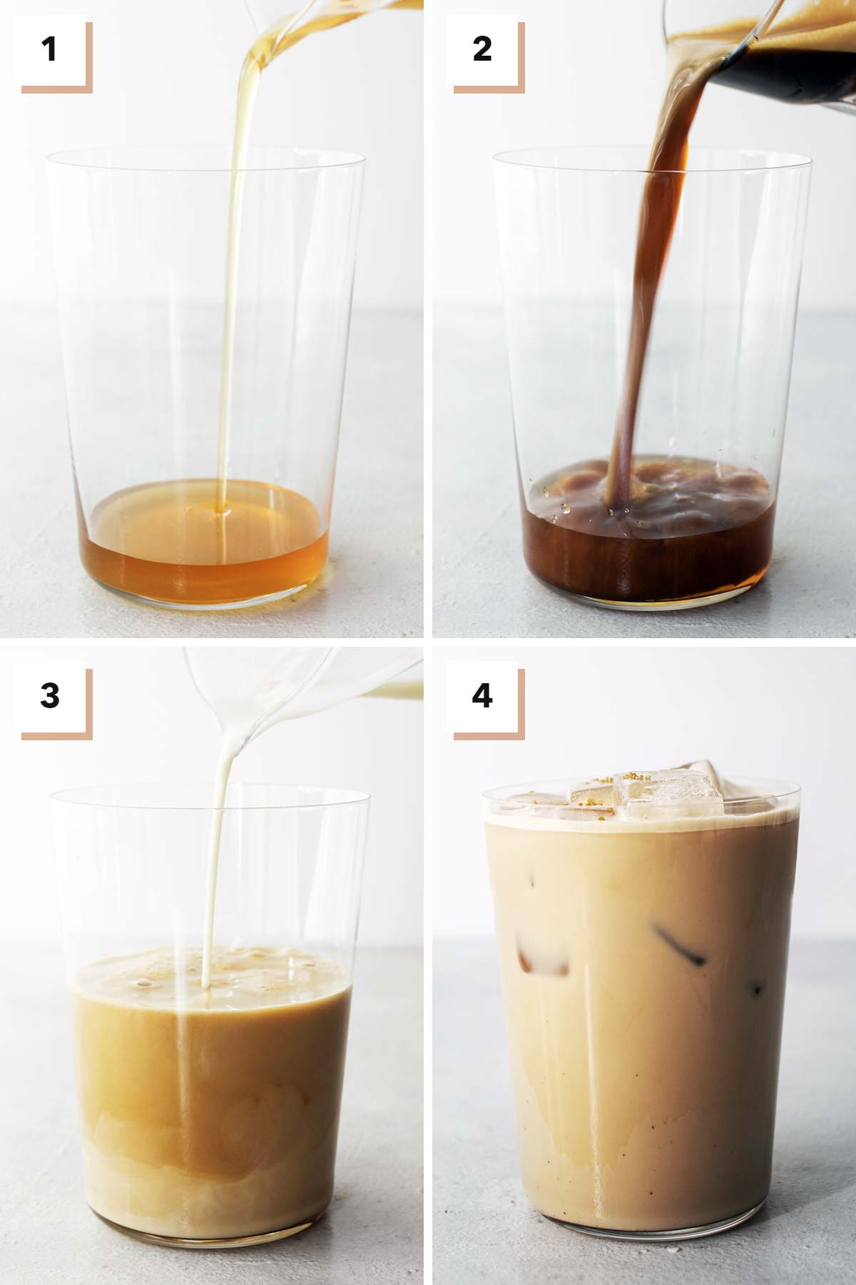 Zes foto's met stappen om zelfgemaakte Starbucks Iced Honey Oatmilk Latte te maken.
