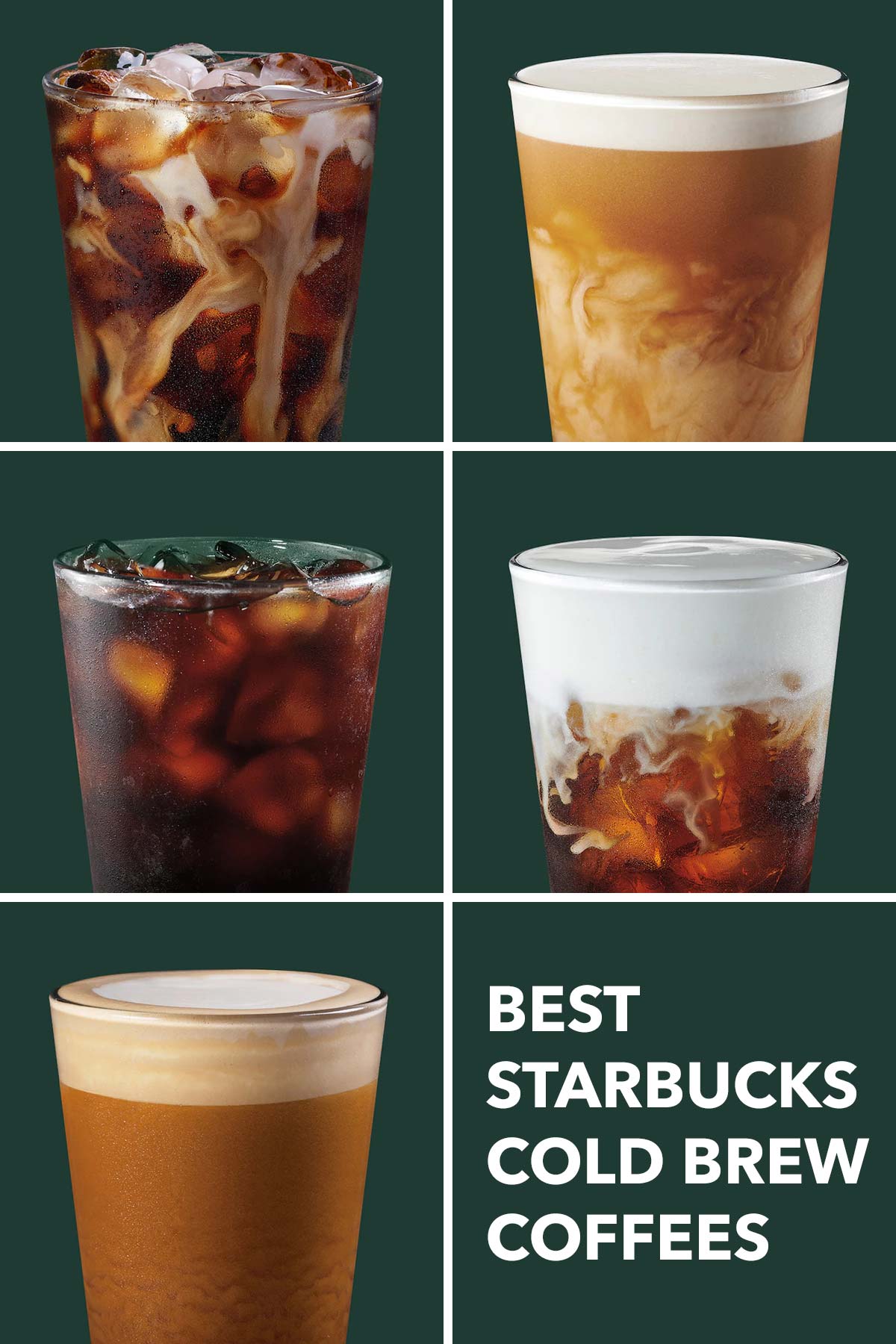 Fotocollageraster met vijf verschillende Starbucks cold brews.
