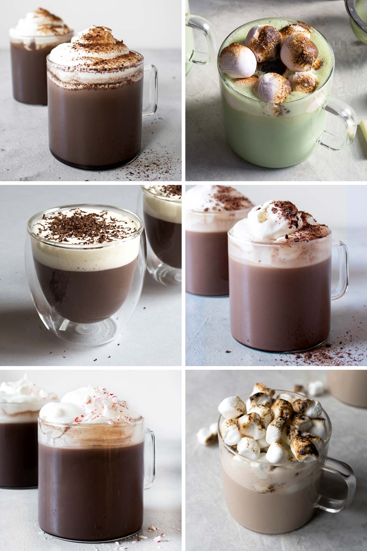 Collage met zes foto's van warme chocolademelk.