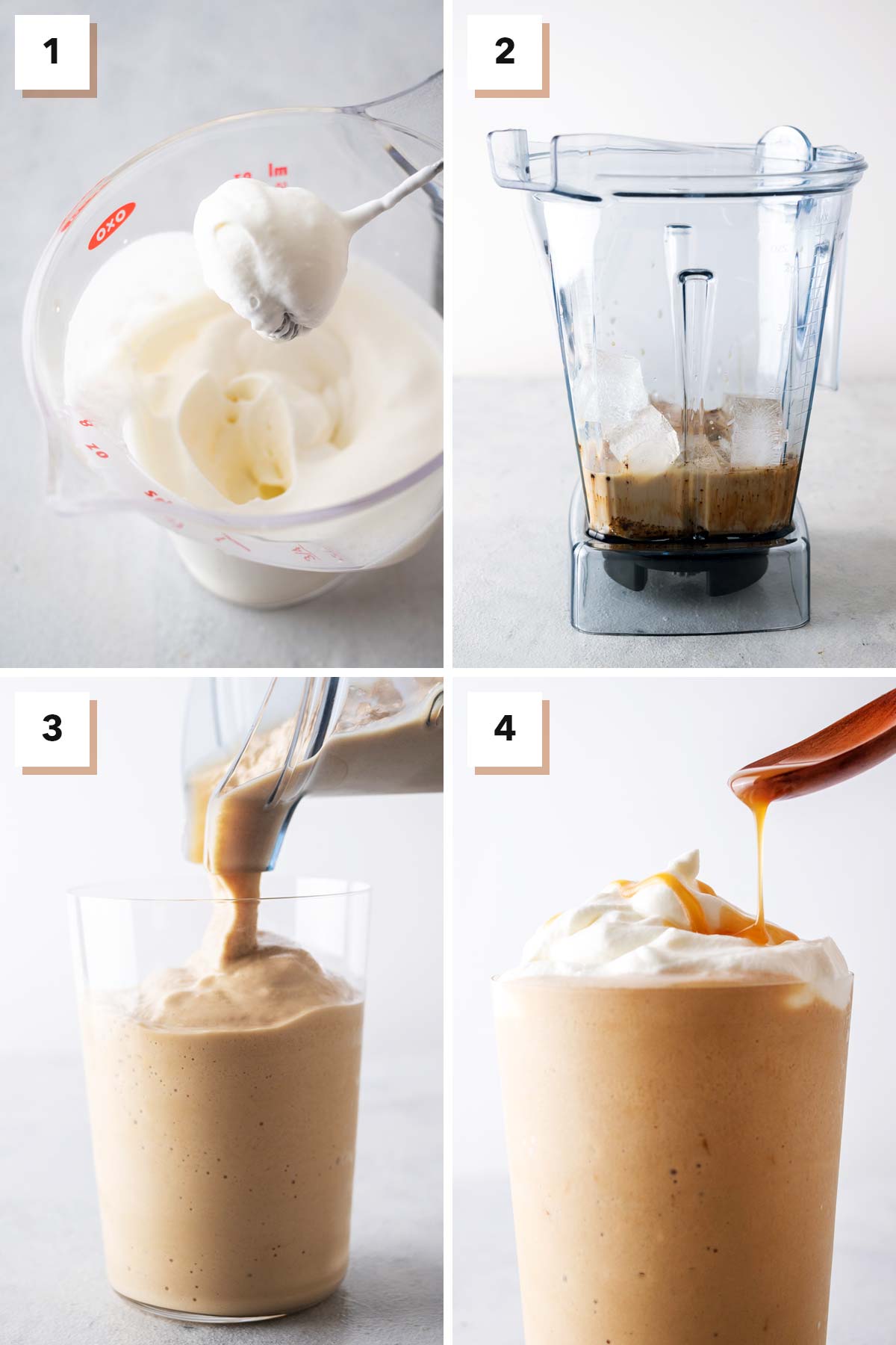 Vier fotocollage met stappen om een Caramel Frappuccino te maken.