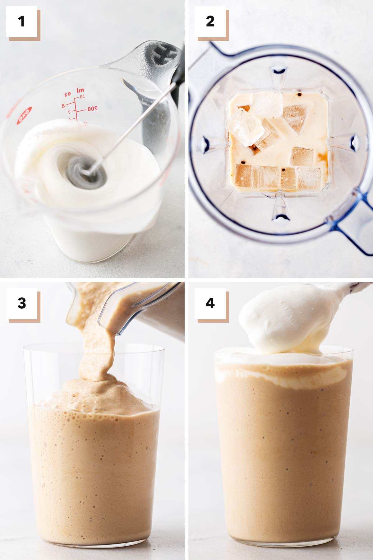 Vier fotocollage met stappen om Starbucks White Chocolate Mocha Frappuccino copycat recept te maken.