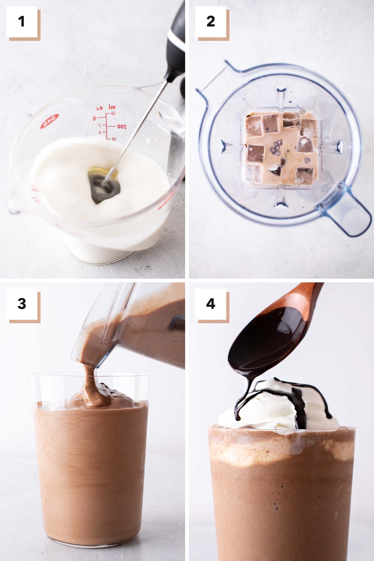 Vier fotocollage met stappen om een Java Chip Frappuccino te maken.