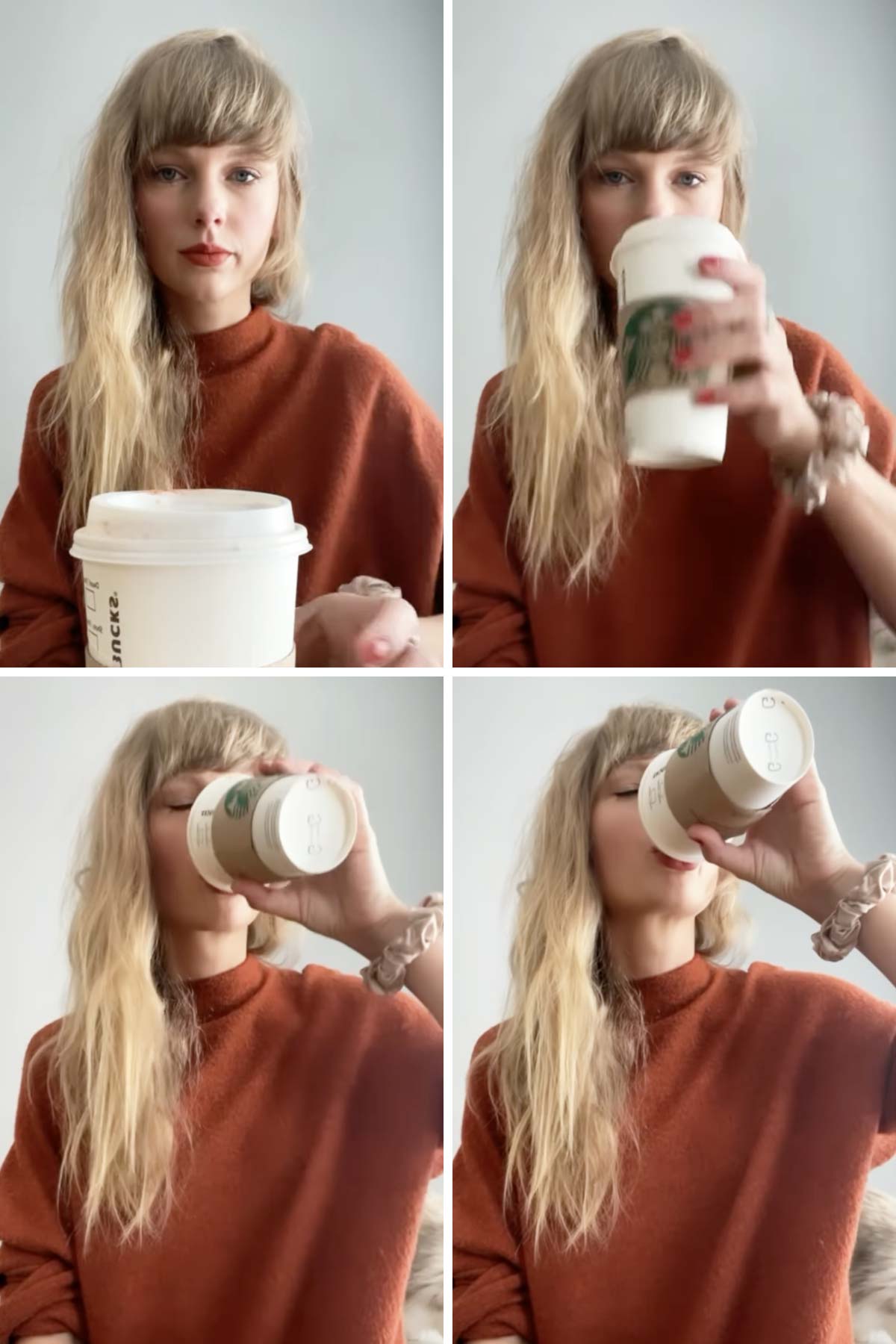 Vier fotocollages waarop Taylor Swift een Starbucks-drankje drinkt.