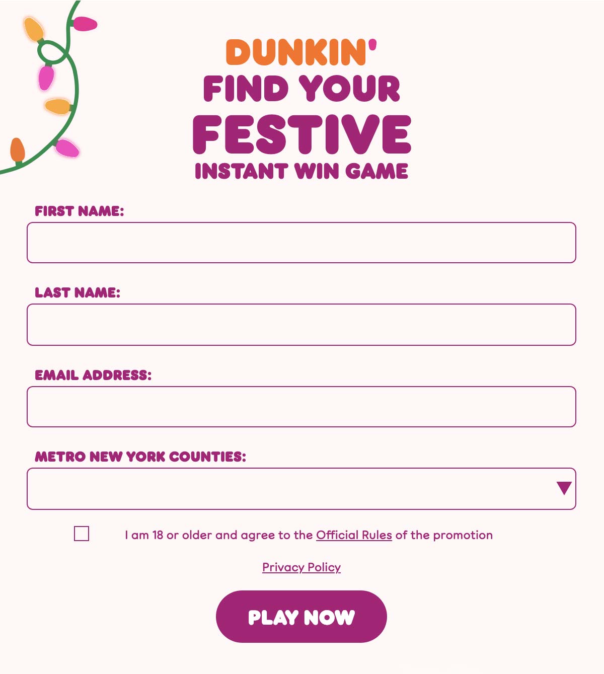 Dunkin' Find Your Festive Instant Win Game 2021-formulier.