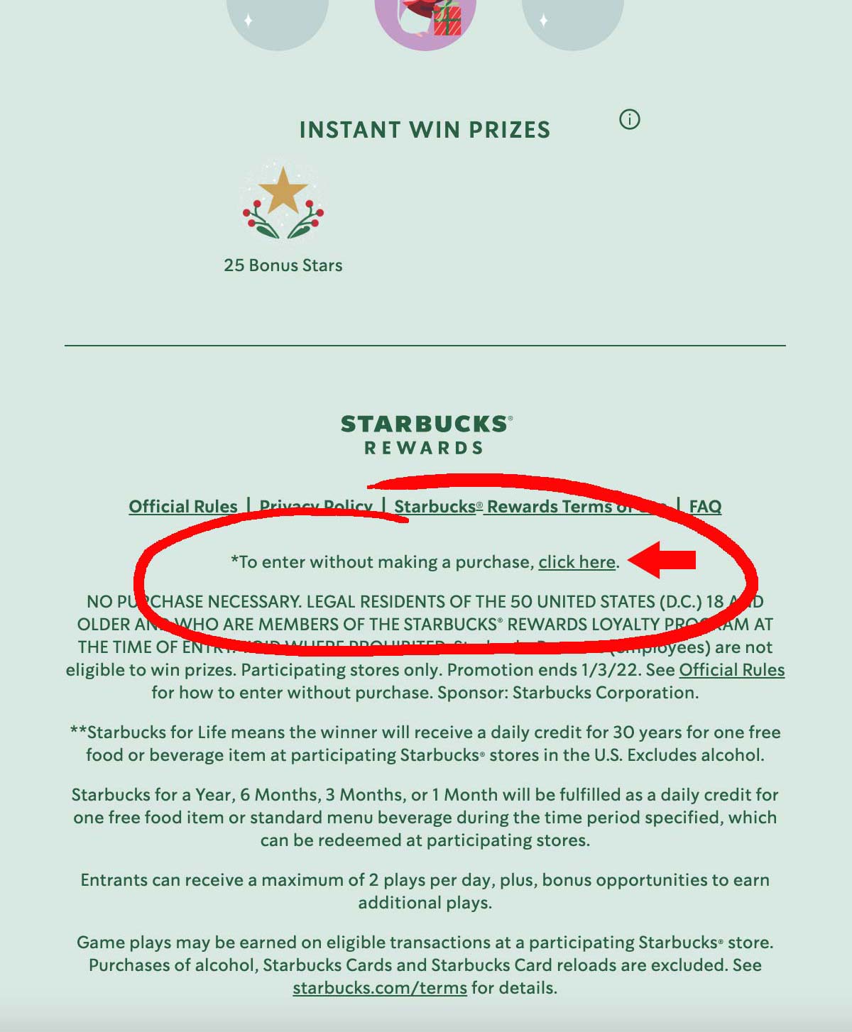 Starbucks for Life spel met hoogtepunt om te laten zien waar je gratis gameplay kunt krijgen.