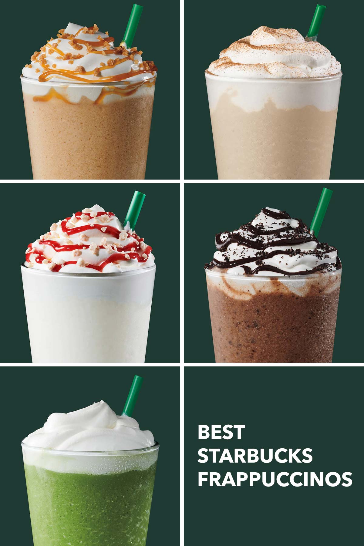 Zes fotocollages met vijf verschillende Starbucks Frappuccinos.
