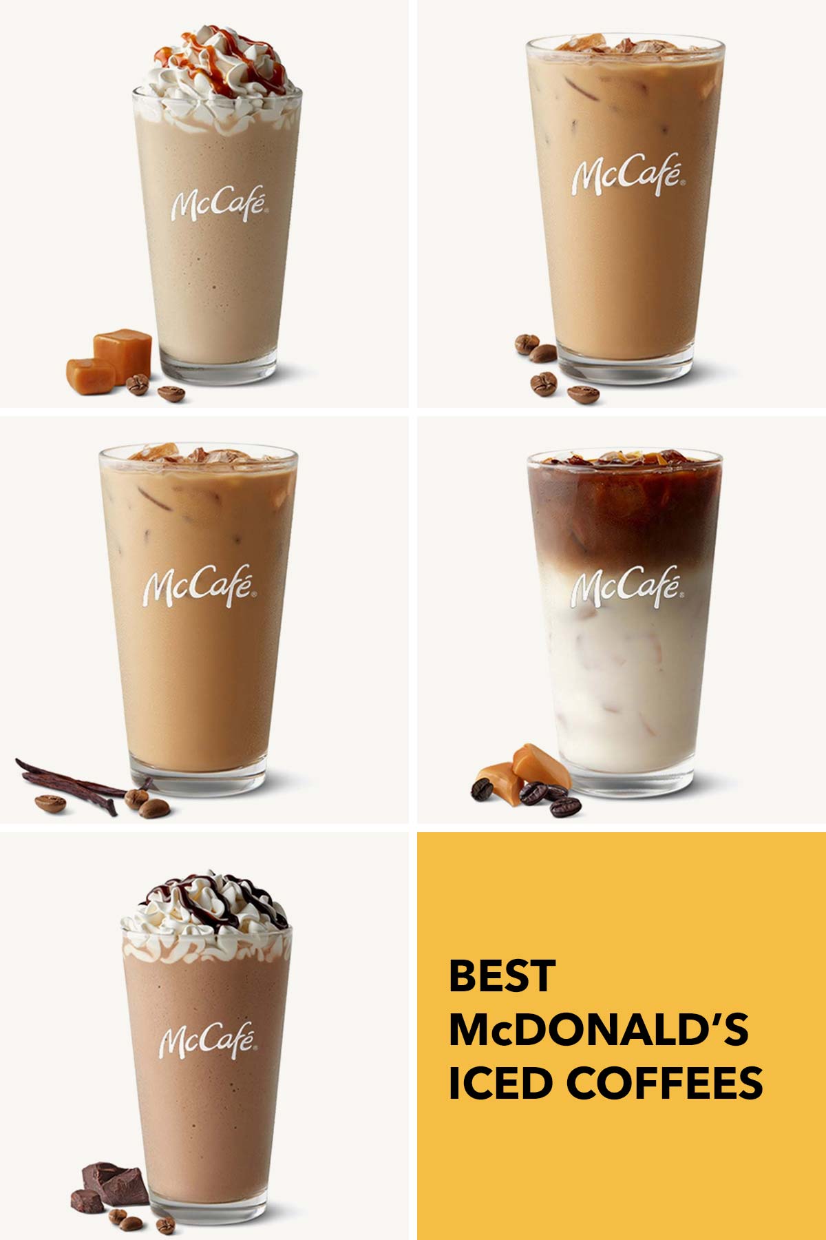 Zes fotocollages met vijf verschillende McDonald's ijs- en bevroren koffiedranken.