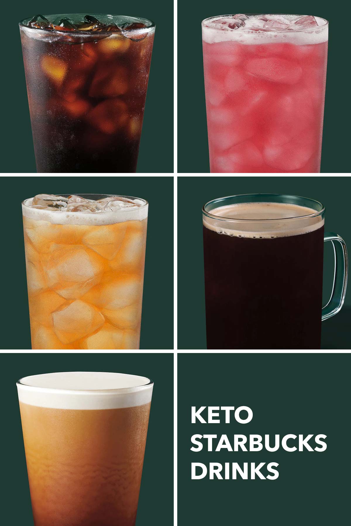 Zes fotoraster met vijf Keto-drankjes om bij Starbucks te krijgen.