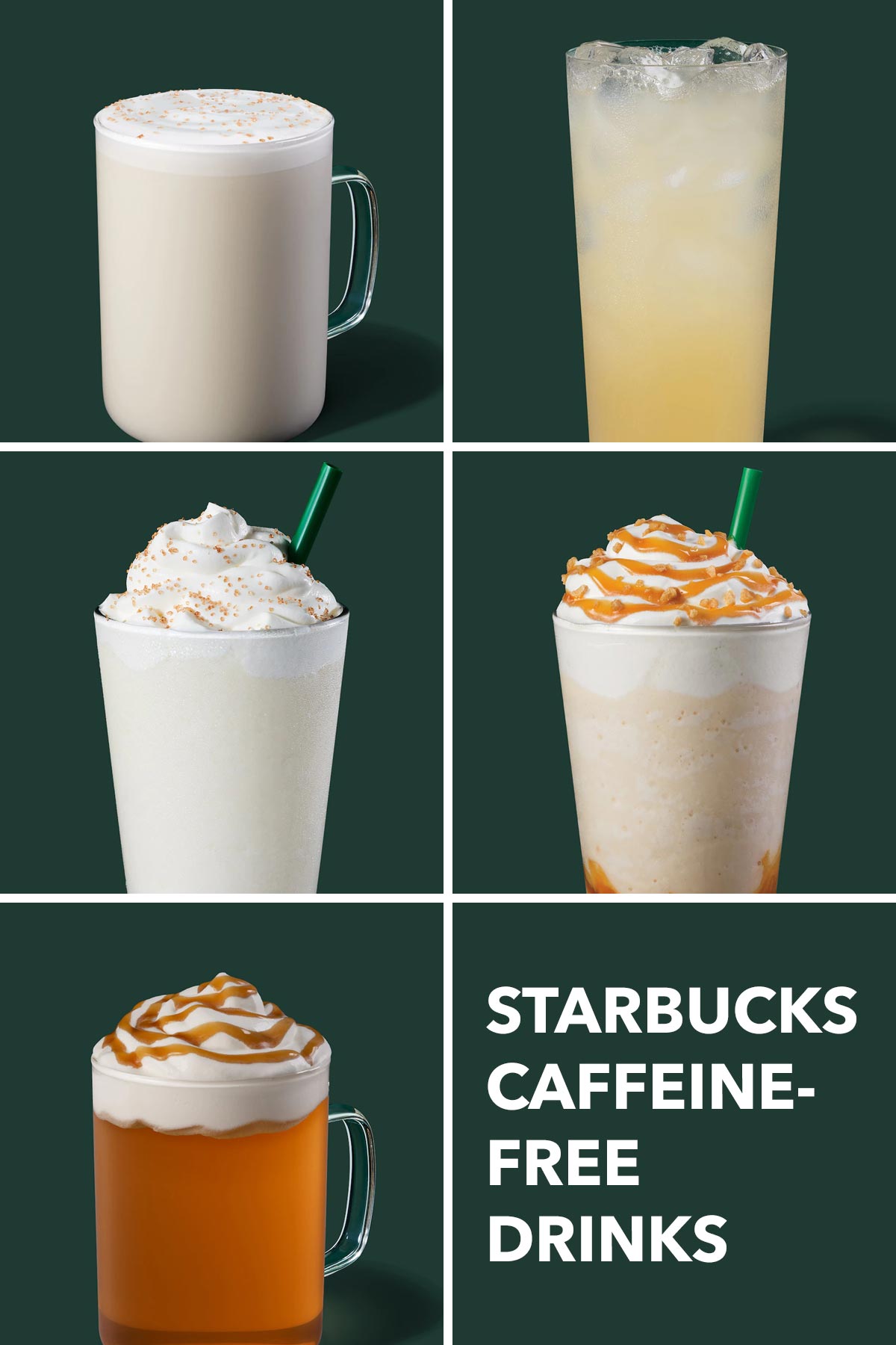 Zes grid collage met vijf Starbucks cafeïnevrije dranken.