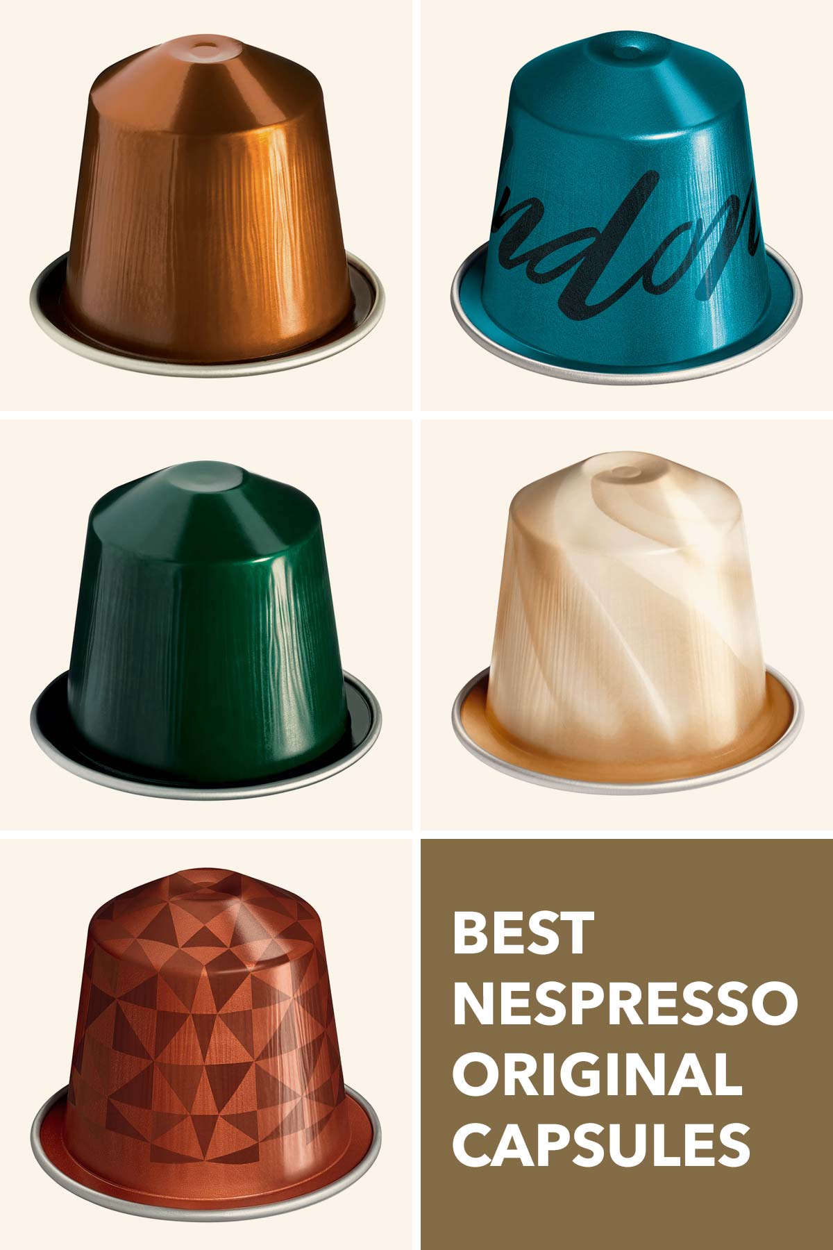 Vijf Nespresso Original Line pods en capsules.