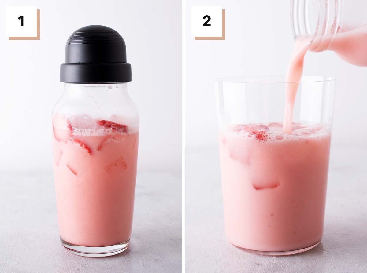 Twee fotocollages met stappen om de Starbucks Pink Drink thuis te maken.