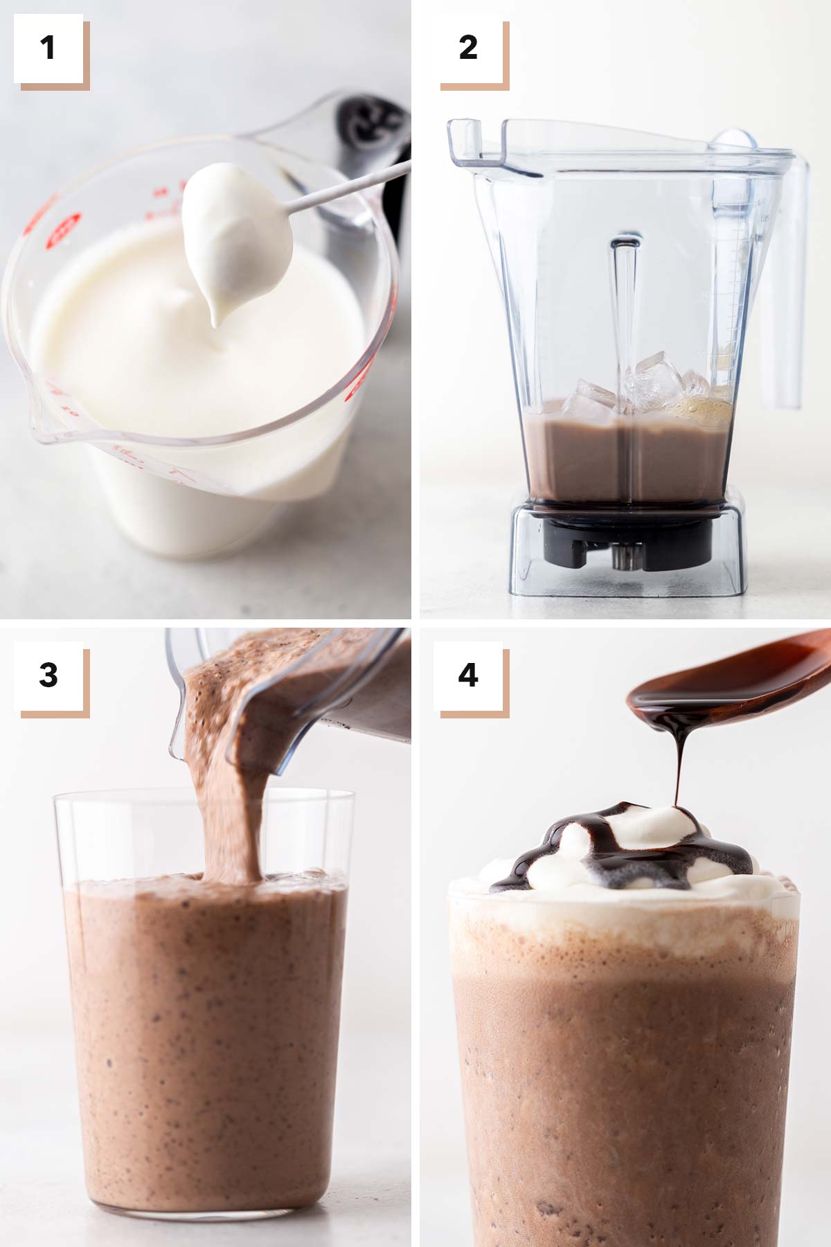Vier fotocollage met stappen om een zelfgemaakte Double Chocolaty Chip Frappuccino te maken.