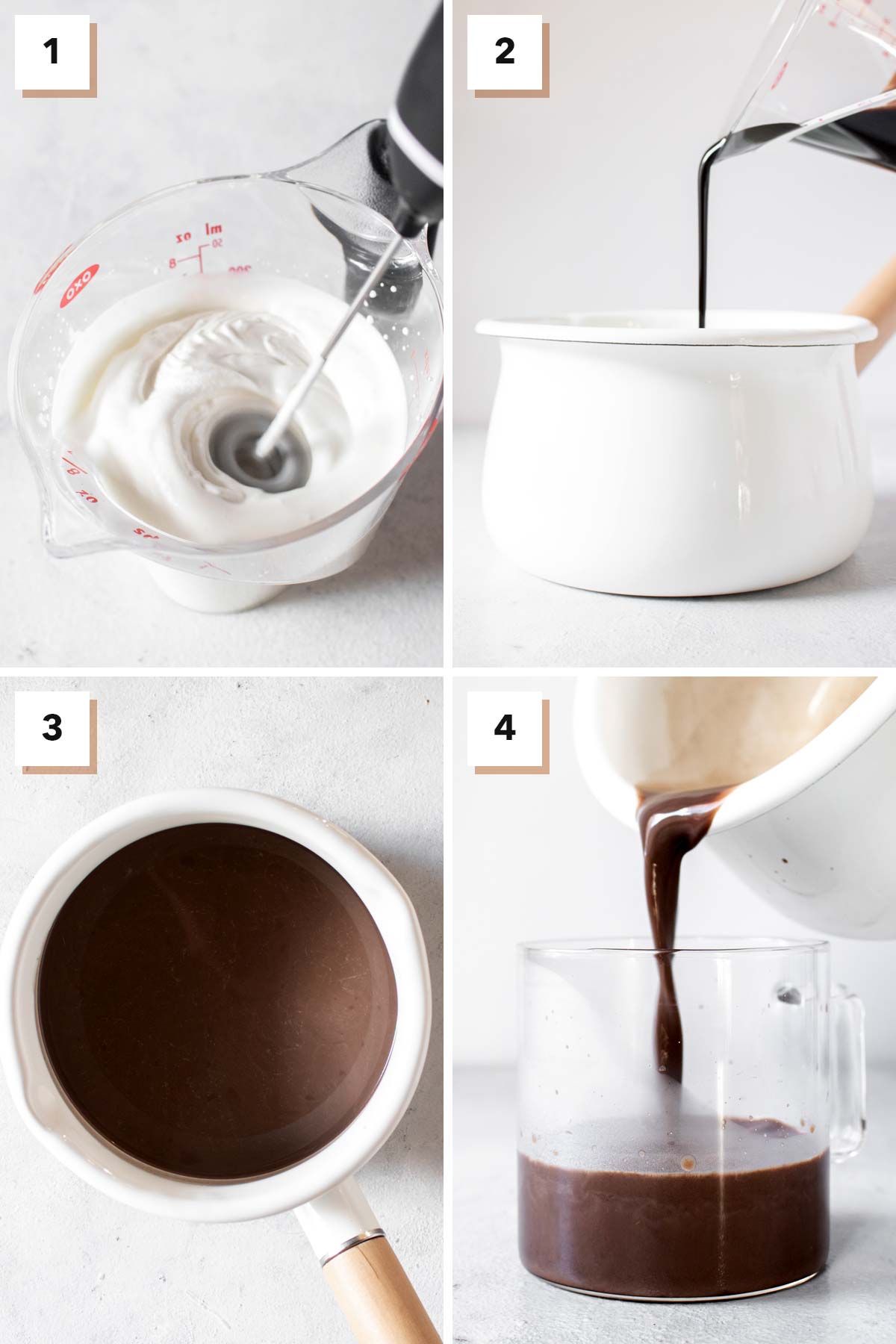 Vier foto's met de stappen om pepermunt warme chocolademelk te maken.