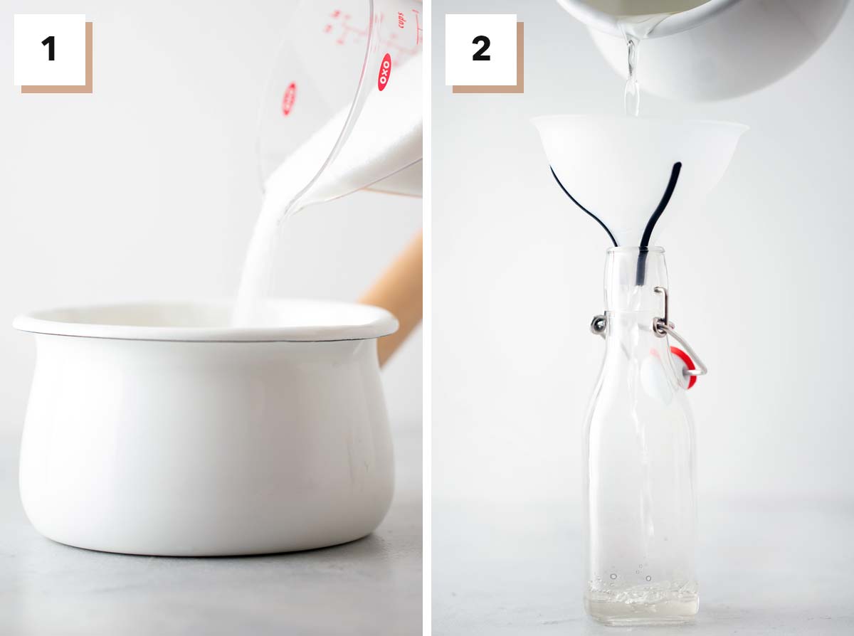 Klassieke siroop maken door water en suiker in een pot te doen en vervolgens in een fles te gieten.