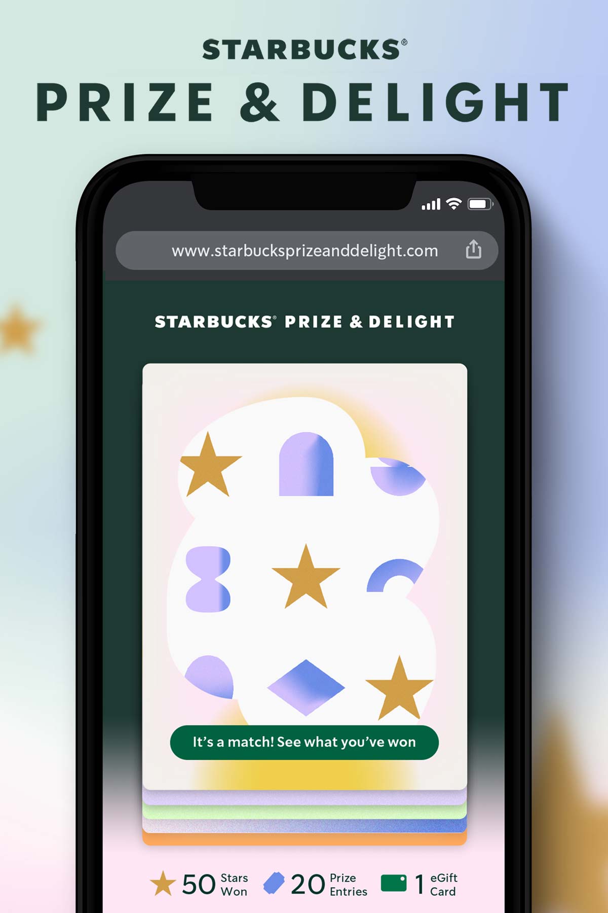 Illustratie van iPhone met Starbucks Prize &Delight spel.