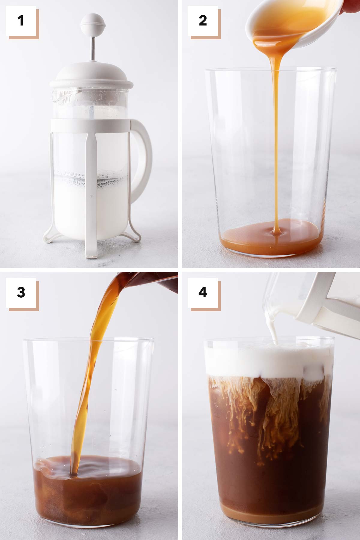 Vier fotocollage met stappen om Starbucks Salted Caramel Cream Cold Brew te maken.