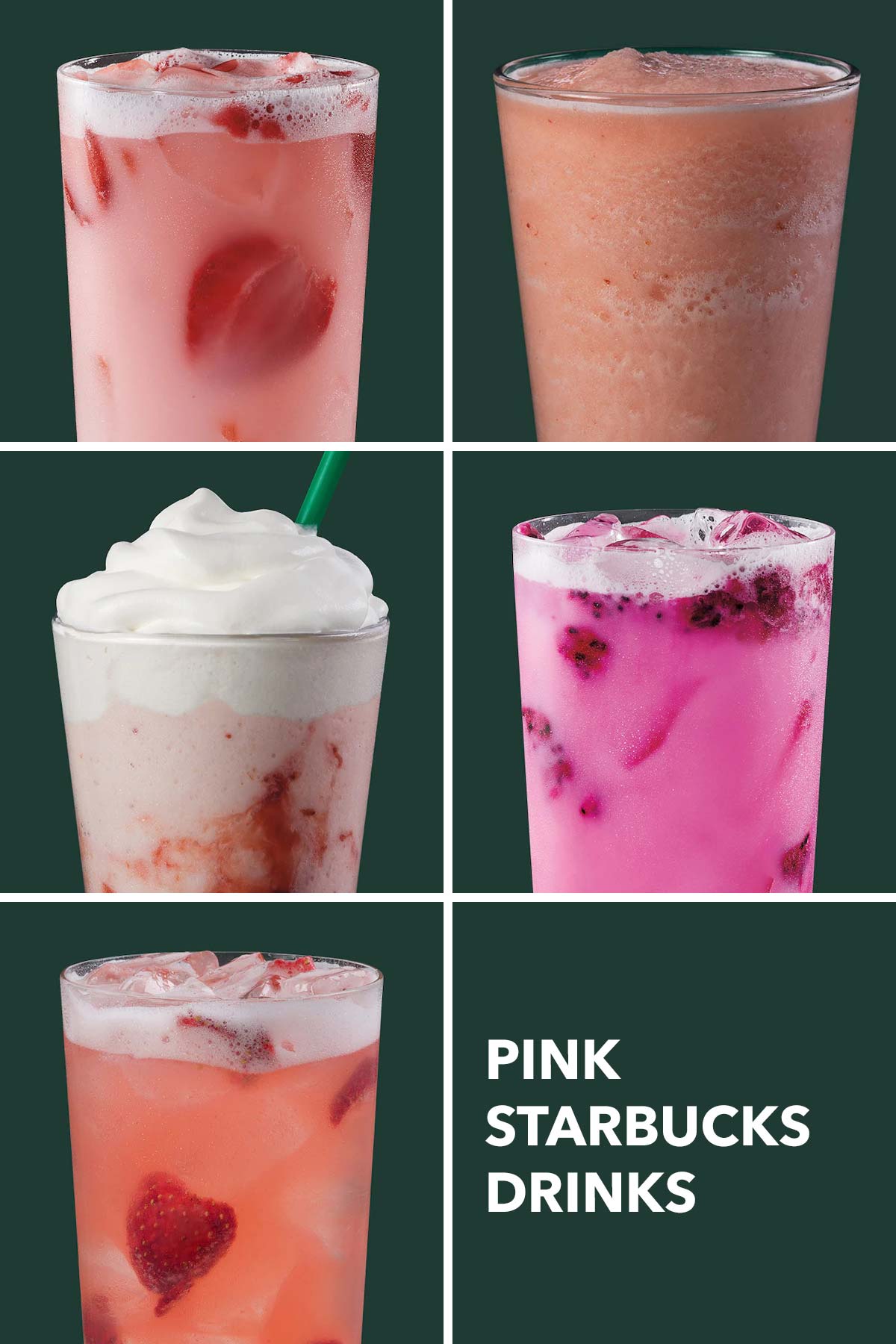 Zes roze Starbucks-drankjes.