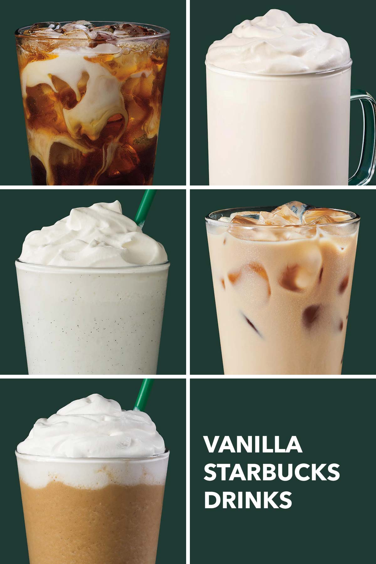 Zes fotoraster met vijf Starbucks-vanilledrankjes.