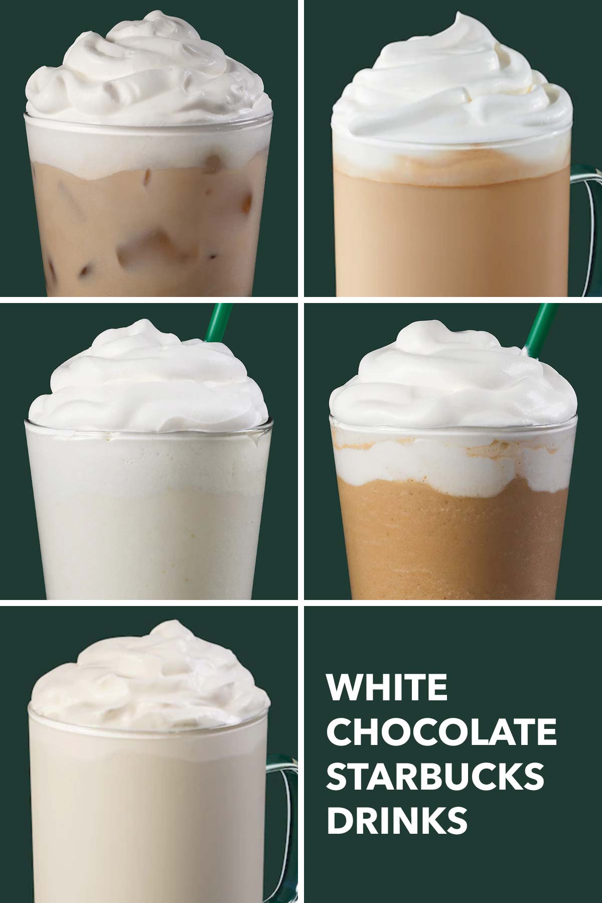 Zes fotorasters met vijf Starbucks-drankjes met witte chocolade.