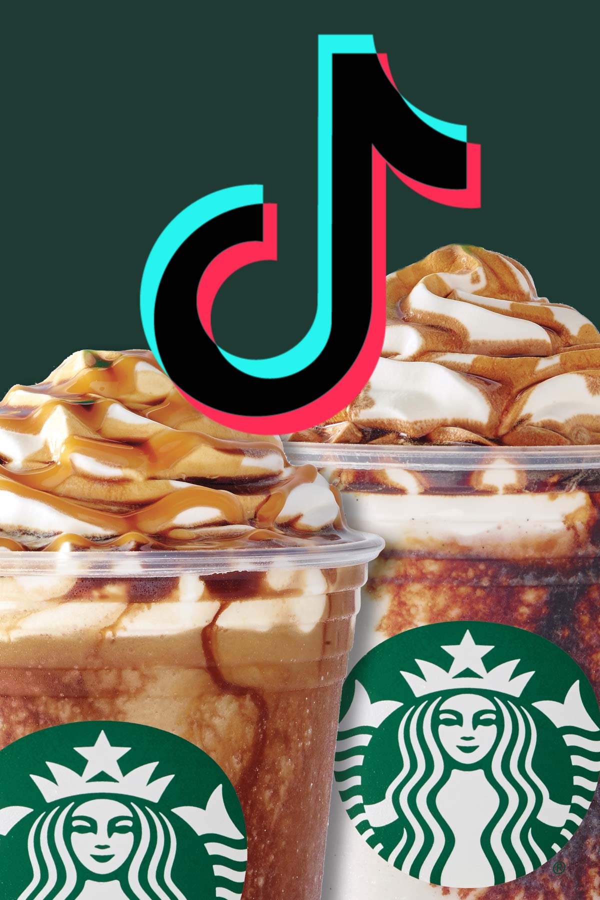 Collage van Starbucks Frappuccinos en het TikTok-logo.