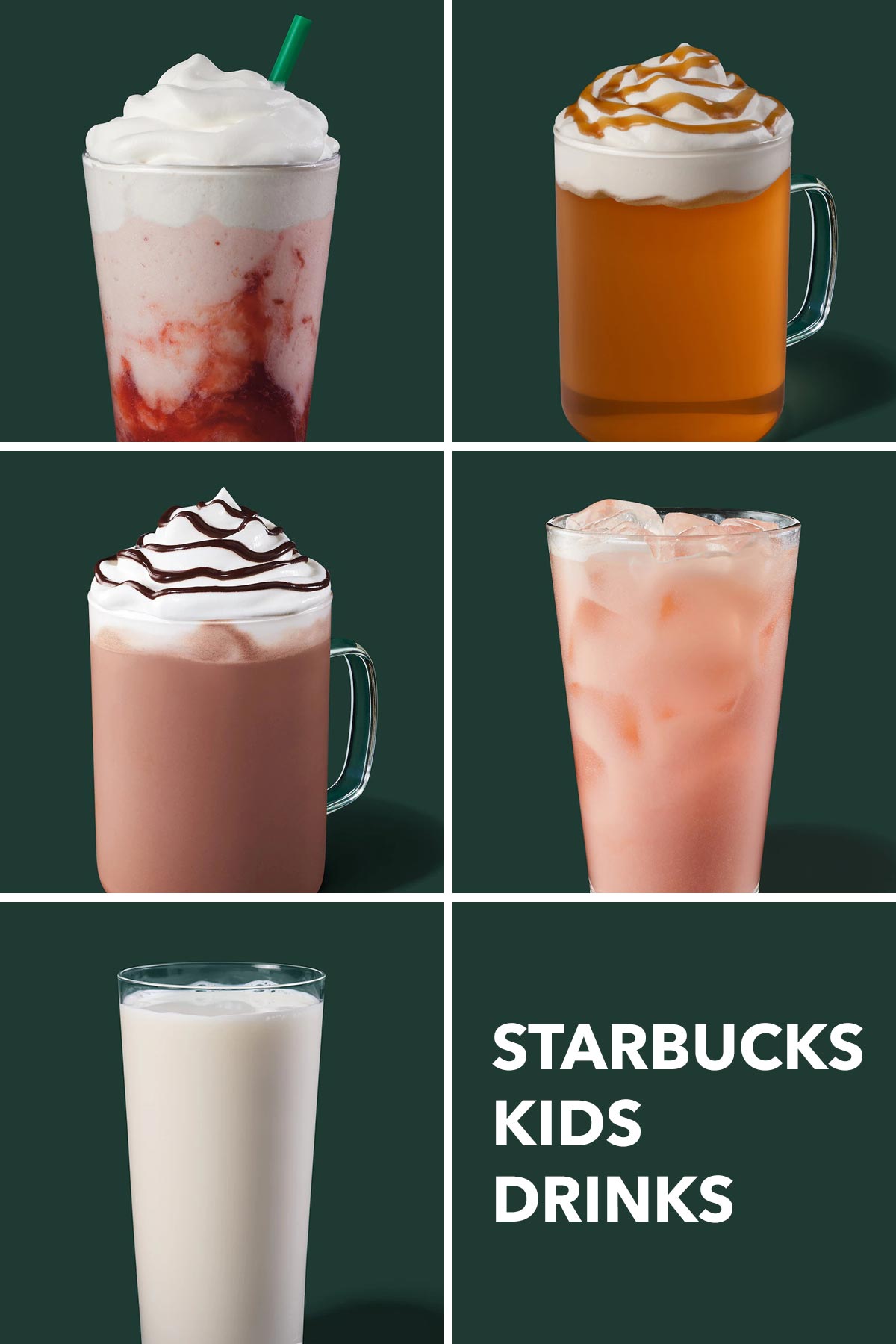 Vijf drankfoto's met kindvriendelijke Starbucks-drankjes.